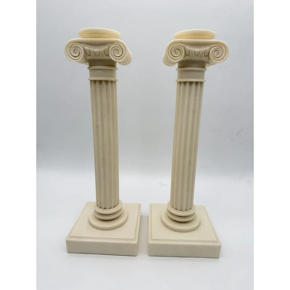 2 Alabaster Carved Roman Columns Corinthian Sculpture Candle Holders 15.5”x5”